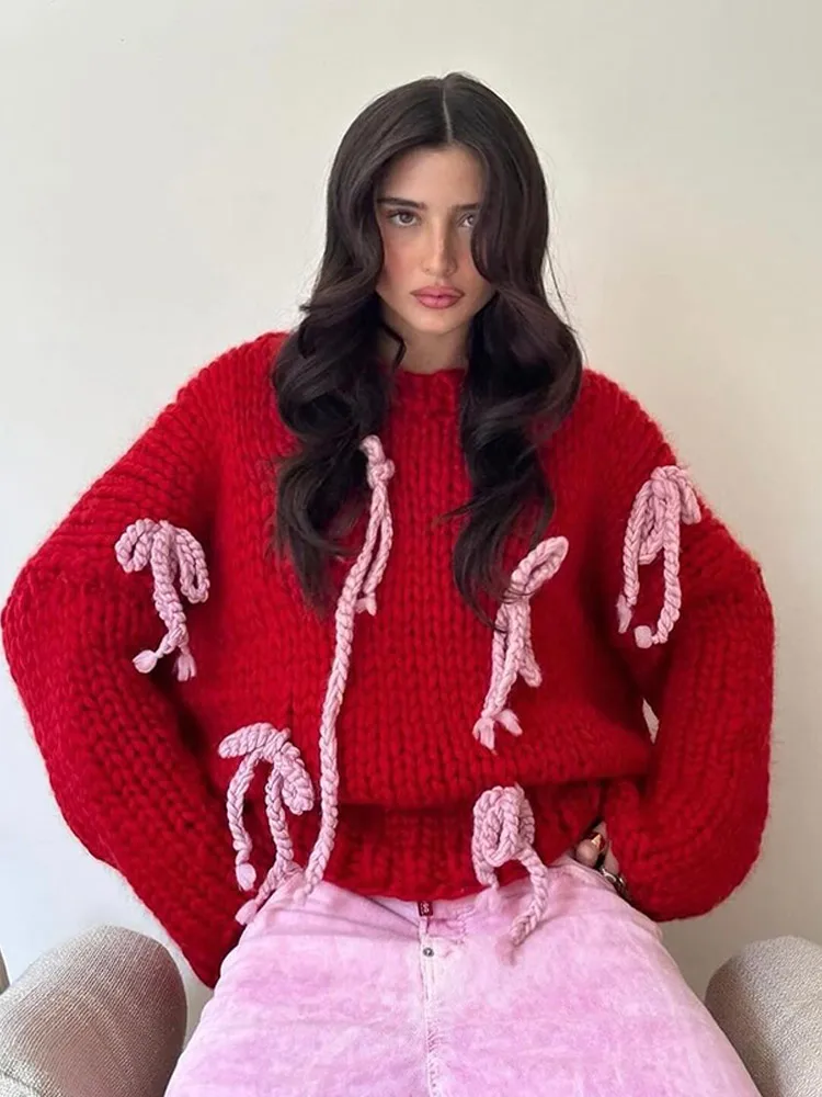 Шикарный красный пуловер с круглым вырезом и длинными рукавами теплый розовый