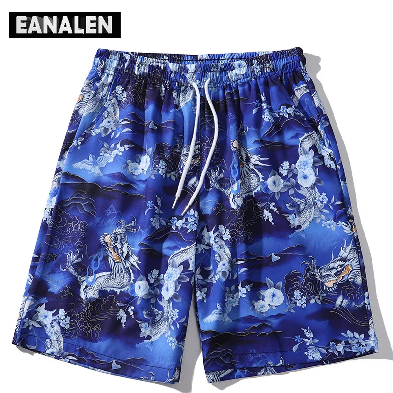 2022 Summer Blue Dragon Print Hawaiian Beach Pants Men's Surfing Seaside Oversized Pants Fashion Casual Shorts Sports Basketball