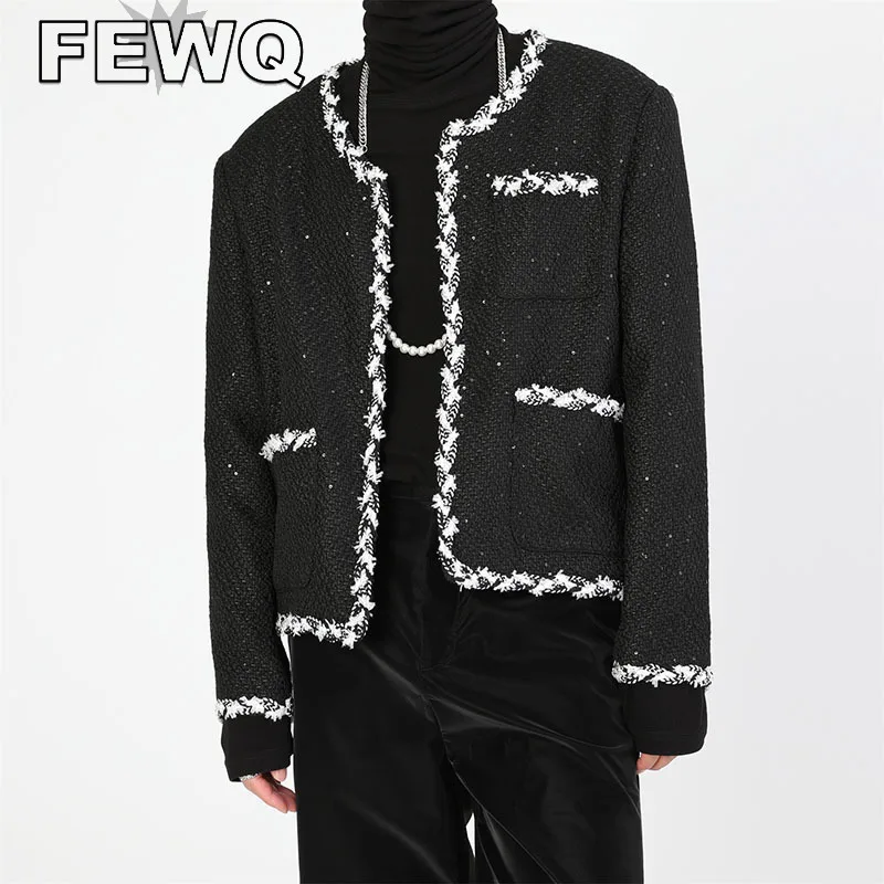 

FEWQ Neckless Men's Jackets Patchwork Male Korean Fashion Unisex Clothing Casual Coats Autumn Vintage Dark Wear 2023 New 24B3356