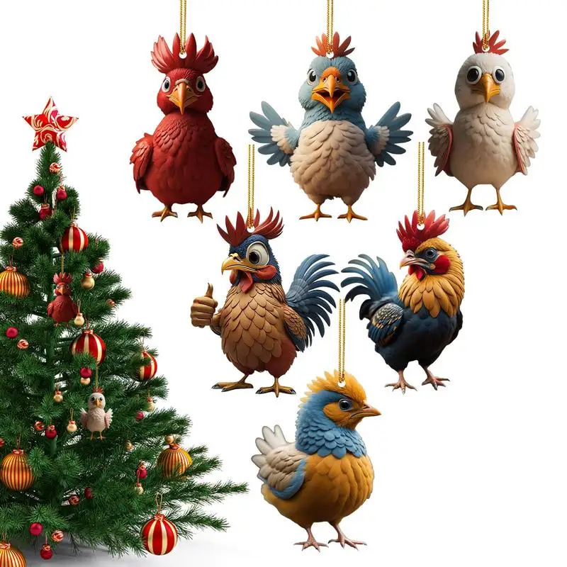 

Chicken Window Decor 6PCS Acrylic Dangling Christmas Window Pendant Cute Cartoon Ornaments For Christmas Tree Wall Portable
