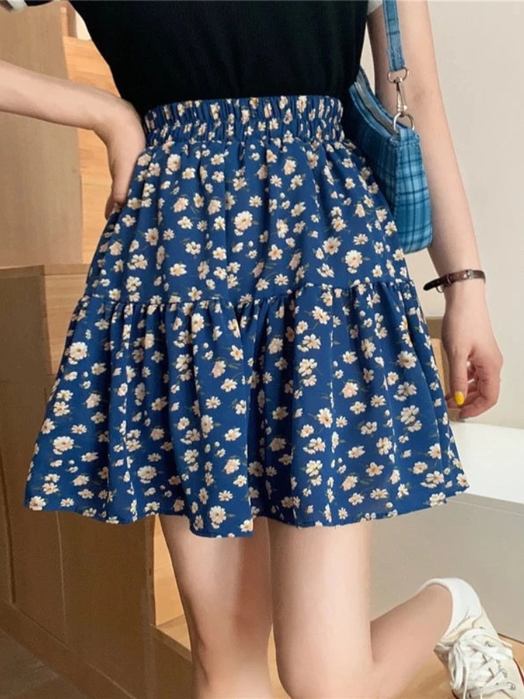 

Fashion Floral Women's Summer Skirt Elastic Waist Chiffon Casual A-LINE Blue Skirt Summer 2023 New Korean Vintage Mini Skirt