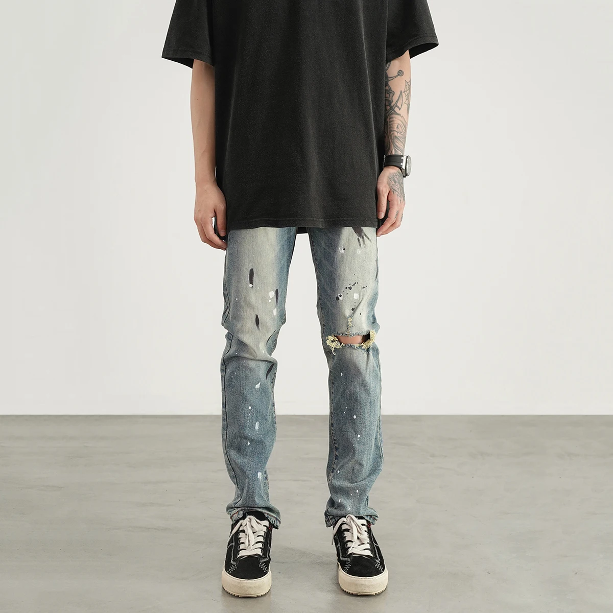 Four Seasons Men's Jeans Splattered Slim Jeans Hip Hop Straight Wide Leg Pants Ins Hot Selling Men's Designer Men's Jeans Casual