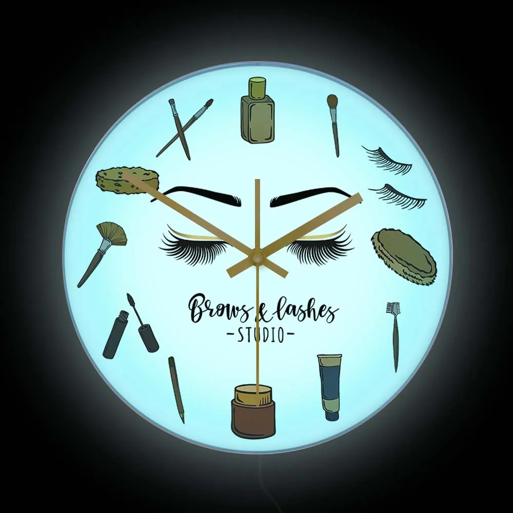 Brow Lash Makeup Tools LED Night Light Wall Clock For Girls Room Beauty Salon Studio Decor Lash Logo Printed Neon Sign Watch