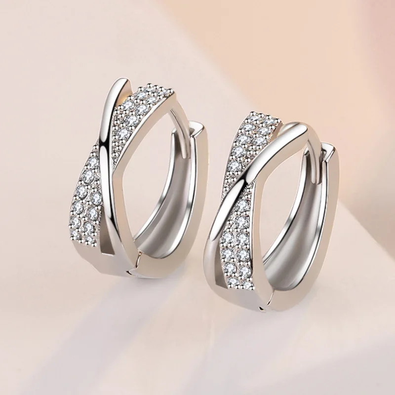 

KOFSAC Shiny Double Row Zircon Hoop Earrings For Women Glamorous 925 Sterling Silver Jewelry Geometric X Shape Earring