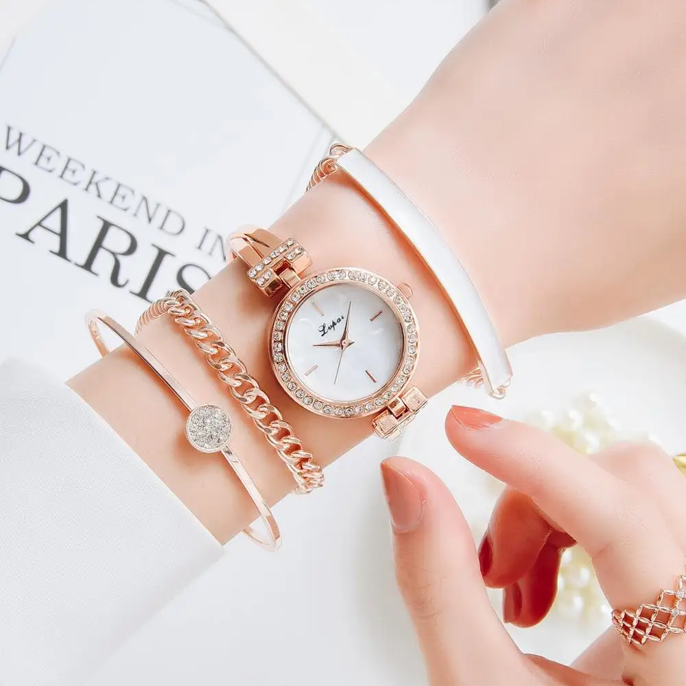 Fashion 4pcs Set Women Watches Luxury Buckle Flower Rhinestone Watch Ladies Quartz Wrist Watch Bracelet Set Reloj Mujer