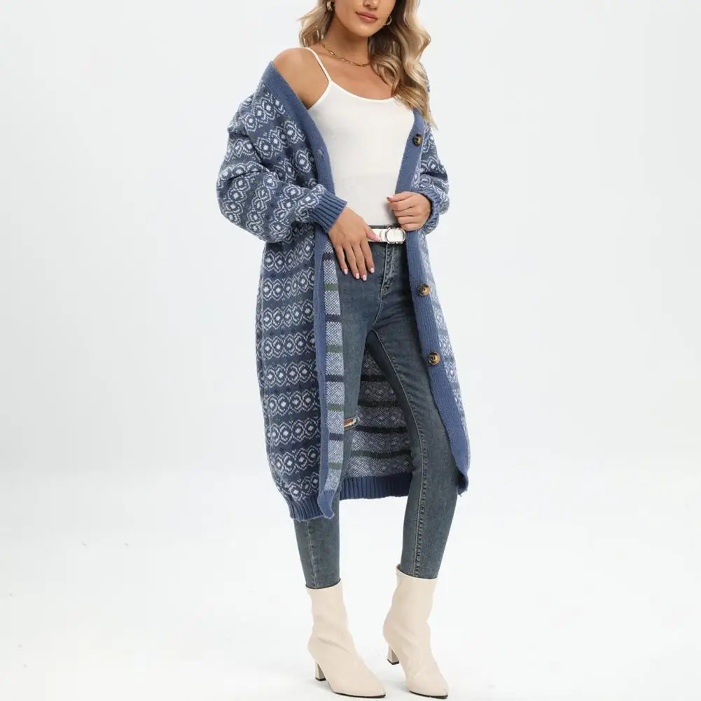 

Sweater Cardigan Windproof Sweater Coat Ribbed Trim Fall Winter Vintage Knee-Length Knitted Cardigan Sweater Cold Resistant