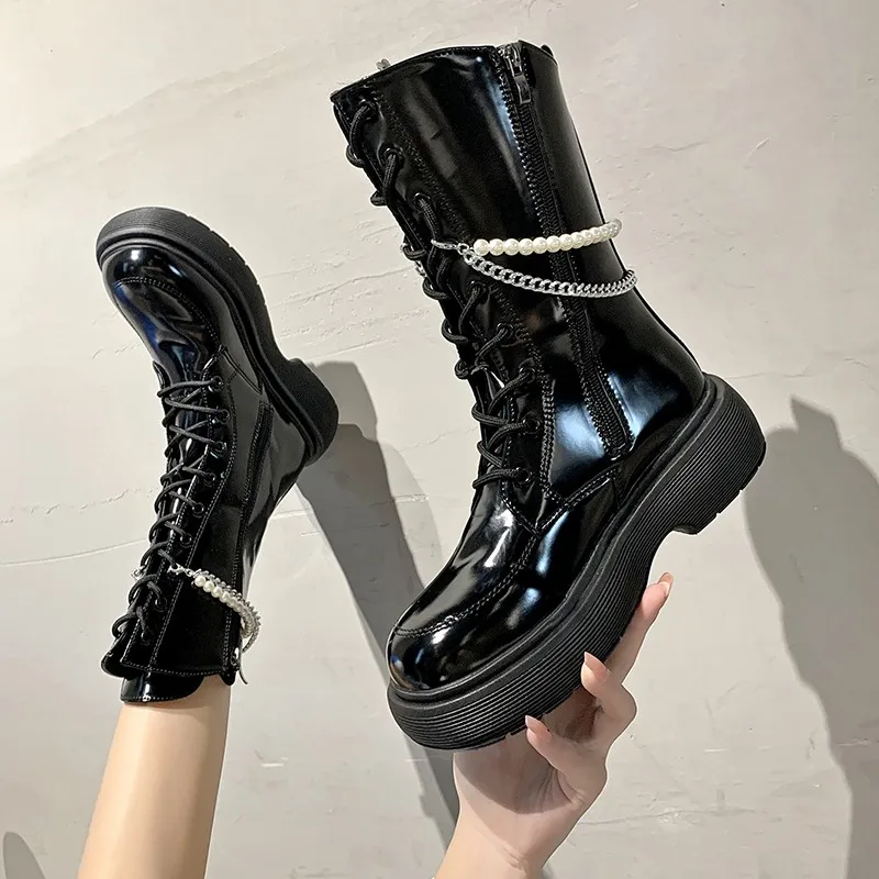 

Women Gothic Ankle Boots Zip Punk Style Platform Shoes Goth Winter Lace-up Booties Chunky Heel Sexy Chain 2022
