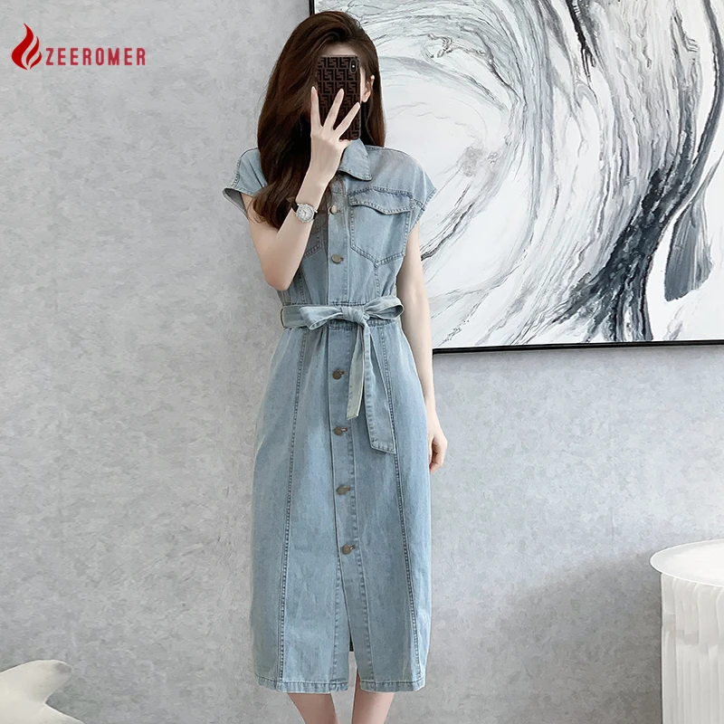 

High-Quality Summer New Fashion Thin Denim Dress Ladies Turn Down Collar sleeveless Single Breasted Lace-up Vintage A-line Dress
