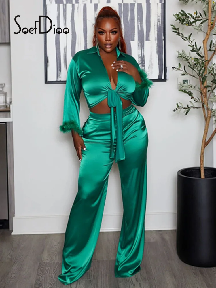 

Soefdioo Solid Lapel Feather Splice Long Sleeve Bandage Crop Tops and Straight Leg Pants Two Piece Set Women Autumn Streetwear