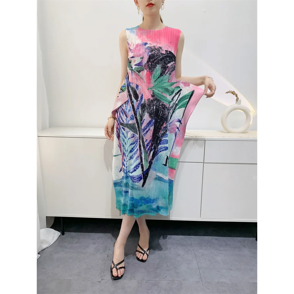 

2023 Summer Pleated Dresses Female Temperament Ageing Loose Medium-length Paragraph Plus Size Pleated Print Long Skirt Clothing