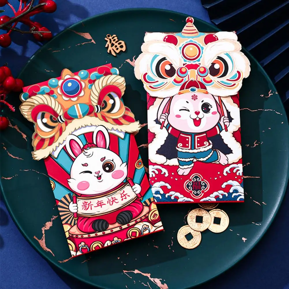 

4Pcs Chinese Red Envelopes Thick Good Meaning Festive 2023 Year of The Rabbit Cartoon Lion Lucky Money Packets for New Year