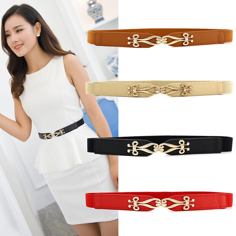 

Women Belt Elastic Waistband Elegant Cummerbunds Women Dress Gold Buckle Black Belt Fashion Leather Strap