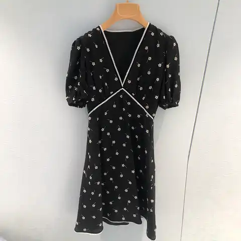 Miu Black Short-sleeved Dress with Wood-ear Edge Printing V-neck Elegant Showing Thin Chiffon Skirt Early Spring New Short Dress