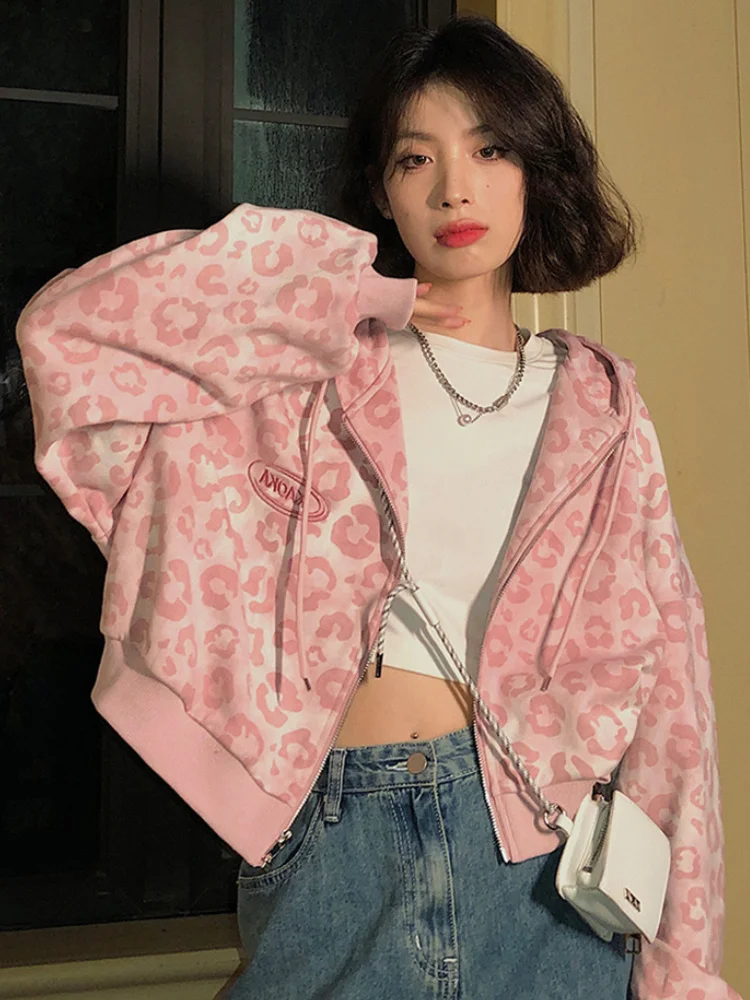 

Женский укороченный топ с леопардовым принтом, повседневная куртка с капюшоном в стиле Харадзюку, винтажные повседневные толстовки на молн...