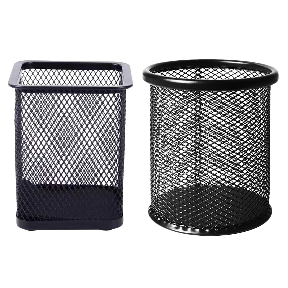 

2Pcs Iron Pen Holders Desktop Storage Boxes Makeup Brush Containers Black