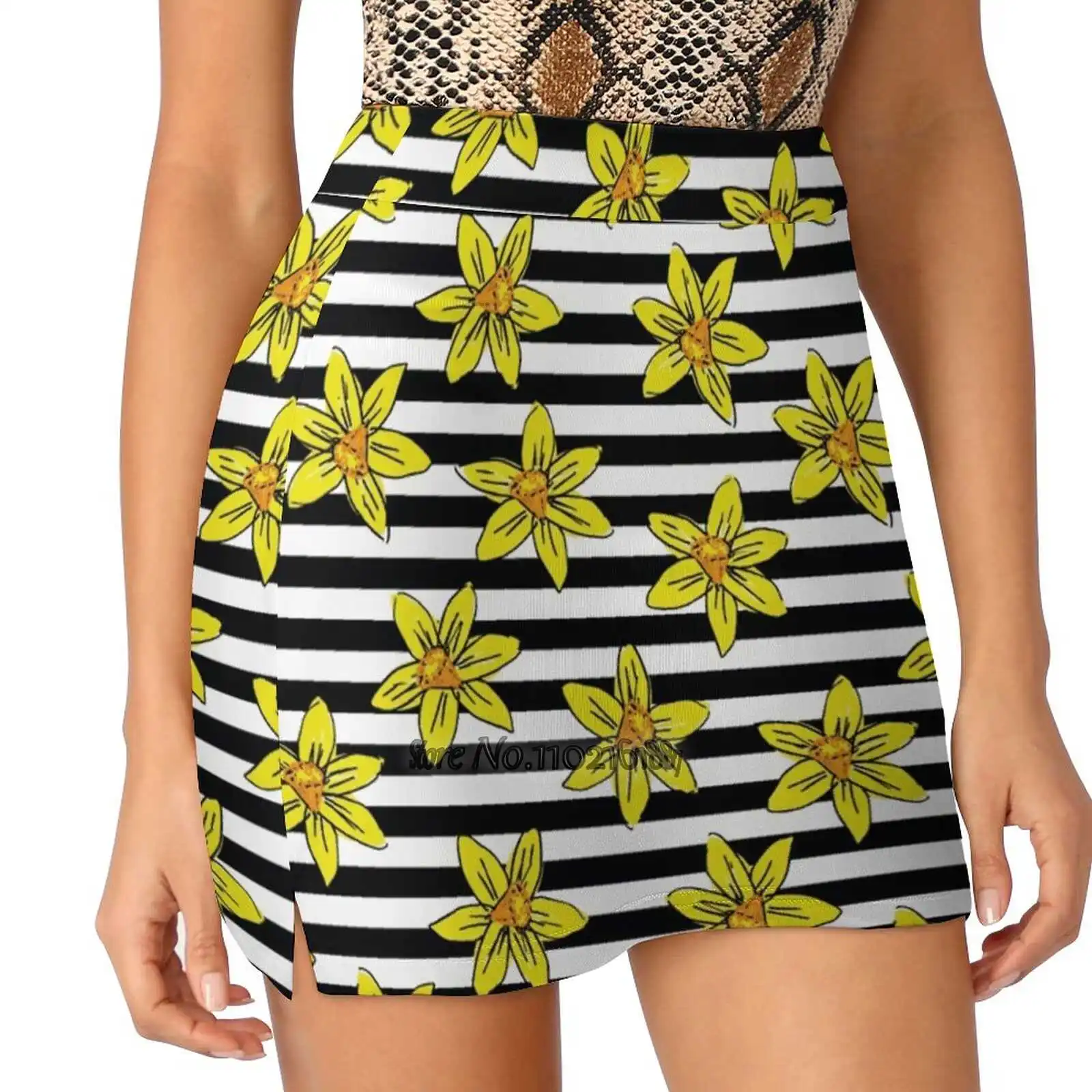

Zebra Stripe Daffodil Flower Print Women Mini Skirt Two Layers With Pocket Skirts Sport Fitness Running Skorts Stripe Black And