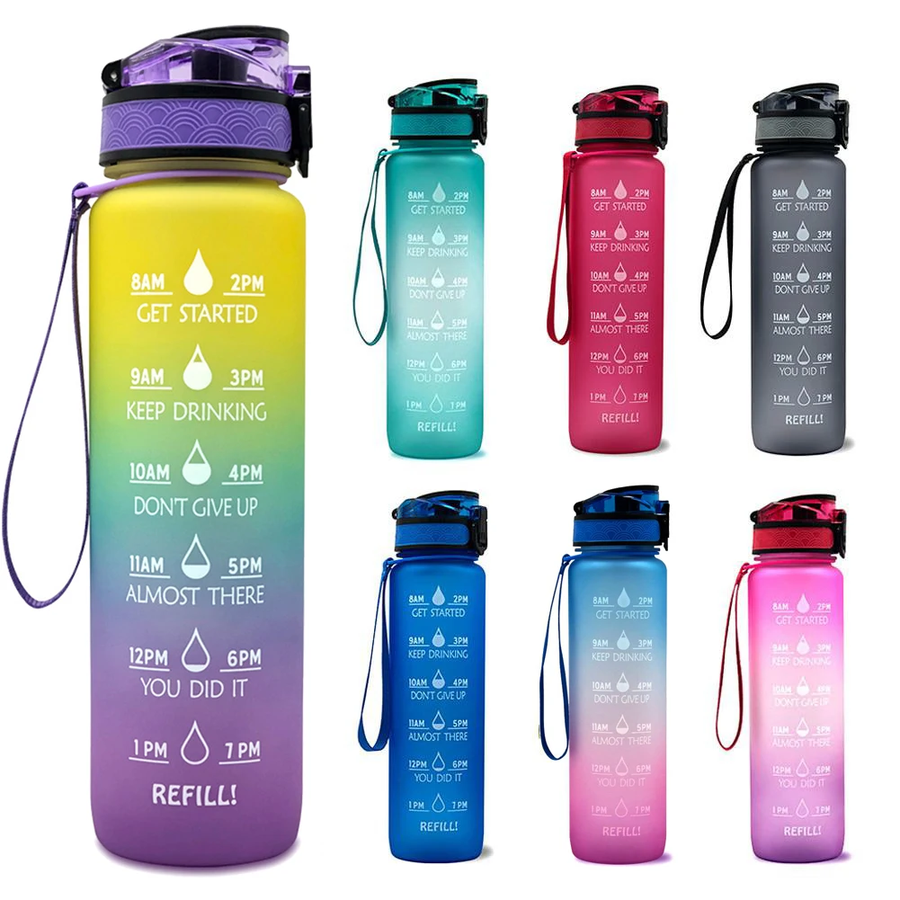 1L Botol Air Olahraga Cangkir Jerami 1 Litro dengan Waktu Pembuat Anti Bocor BPA Gratis Cangkir Buram untuk Olahraga Luar Ruangan Botol Minum