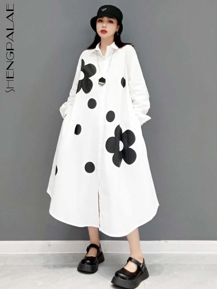 

SHENGPALAE, корейская мода, платье-рубашка, повседневное, свободное, элегантное, в горошек, с принтом, халат, Vestido, женская, 2023, весенняя, новая одеж...