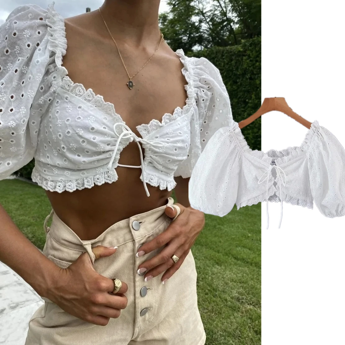 

Maxdutti Lace Puff Sleeve Sexy Crop Tops Sexy Short Blouse Women Indie Folk Vintage Blouse
