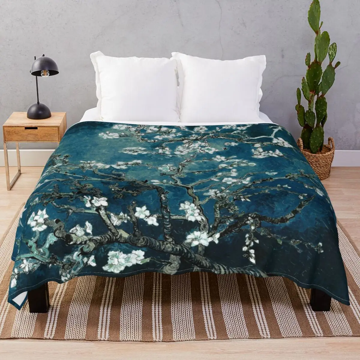 Van Gogh Blossoms Dark Teal Blanket Velvet Decoration Super Soft Throw Blankets for Bedding Sofa Camp Cinema