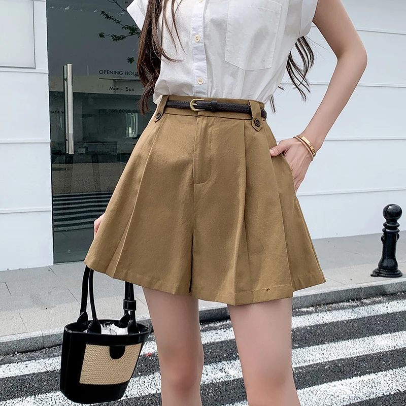 Casual Shorts Women Pleated Skirt Shorts Loose Wide Leg Pants Skirt 2023 Summer Women Clothing Belt Elegant OL Shorts for Women