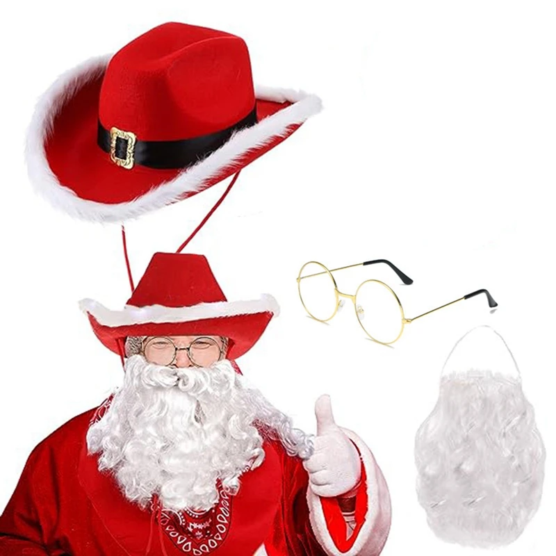 

Аксессуары для костюма Санта Клауса, ковбойская шляпа, очки, бороды, аксессуары для косплея, реквизит для фото
