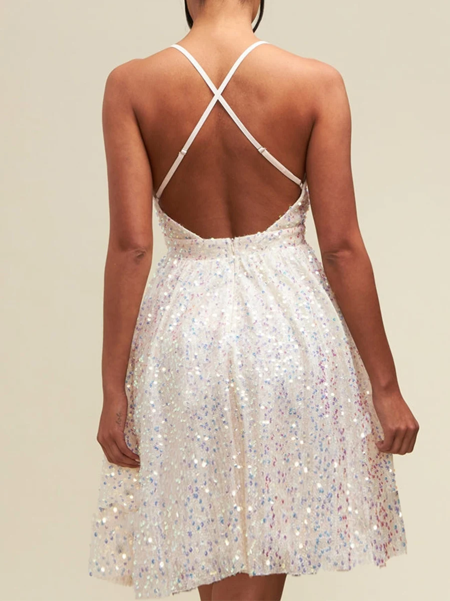

Sparkling Sequin A-Line Dress with Low-Cut V-Neck and Spaghetti Straps - Perfect for Birthday Parties and Cocktail Events