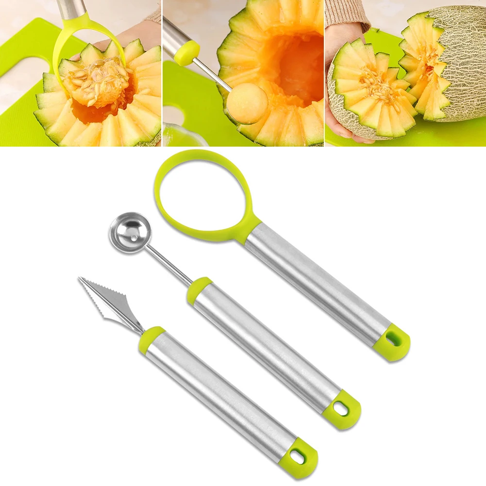 

3Pcs Melon Baller Scoop Set 3-in-1 Stainless Steel Fruit Scooper Carving Knive Watermelon Cantaloupe Slicer Melon Kitchen Tools