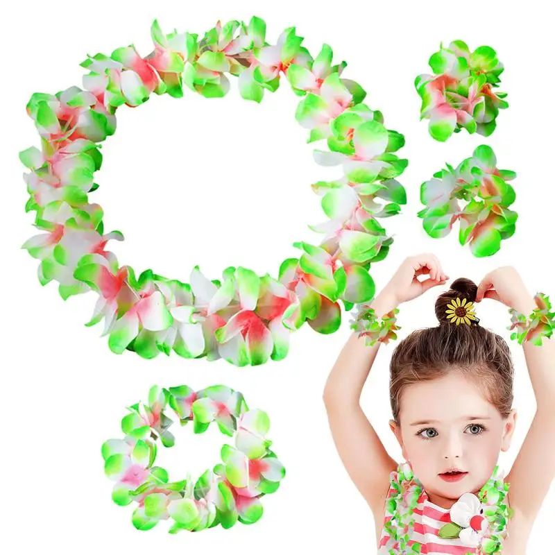 

Summer Beach Vacation Hawaii Flower Lei Set Hawaiian Garland Bracelet 4Pcs/Set Tropical Wedding Necklace Decoration