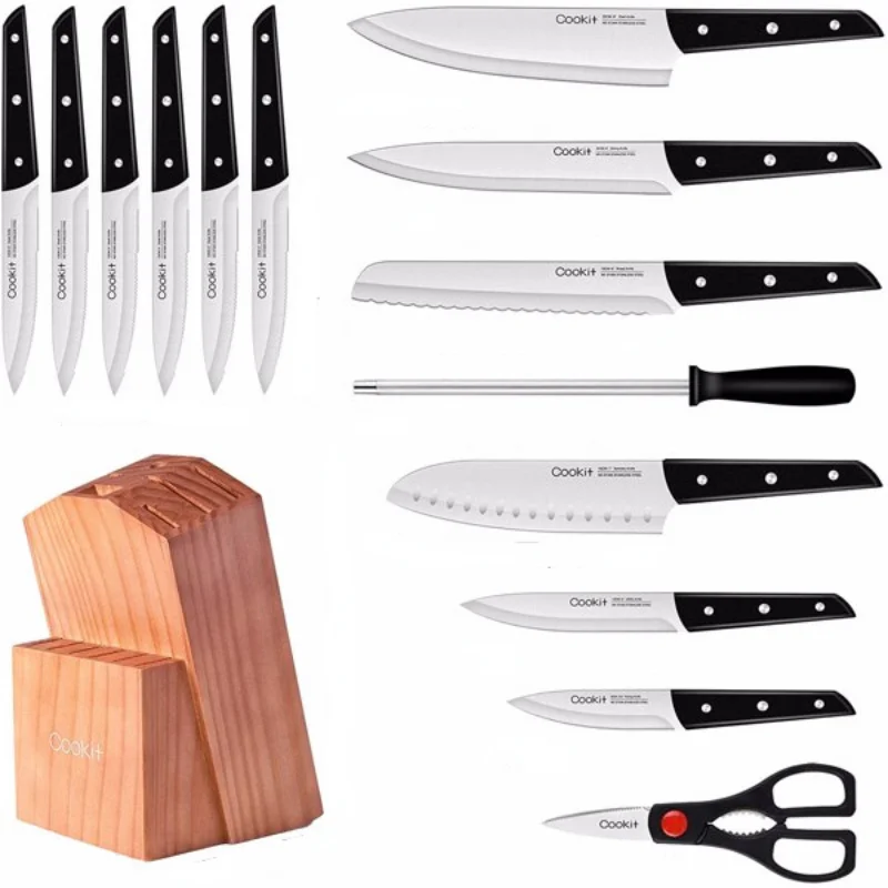 

Knife Holder Set with Knife,15 Piece Kitchen Knife Set with Wood Block,High Carbon Stainless Steel, Meat Scissors with Sharpener