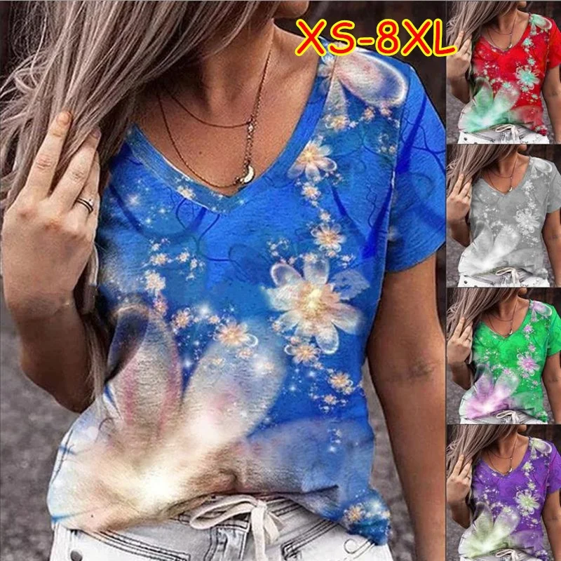 Women's Fashion Summer Casual T-shirts V-neck Short Sleeved Printed Loose Tops