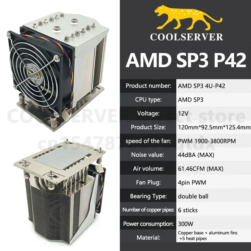 COOLSERVER P42 6 heatpipe CPU cooler Fan cooling 4pin Quiet fan PWM Radiator For AMD SP3 Motherboard Cpu Processor Fan heat sink
