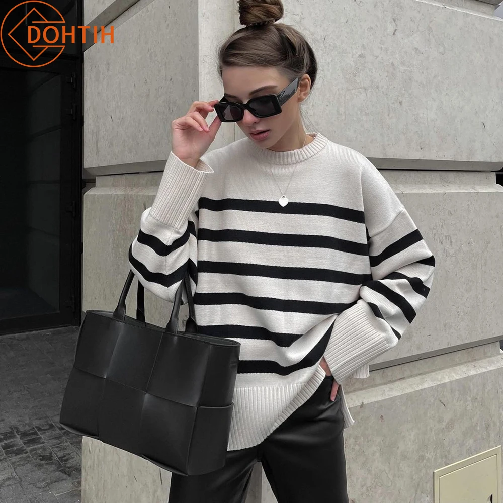

Women's Street Fashion Zebra Stripes Casual Sweaters Round Neck Loose Sweatshirts Women Classic Black and White Stripe Blouse