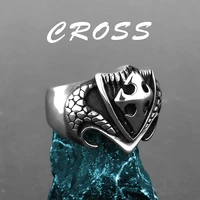 vintage 316l stainless steel cross rings men women exaggerated punk hip hop cross shield snake pattern ring jewelry wholesale