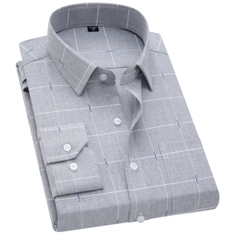 Imitation linen men's mulberry silk long-sleeved iron-free comfortable shirt four seasons business casual striped plaid shirt