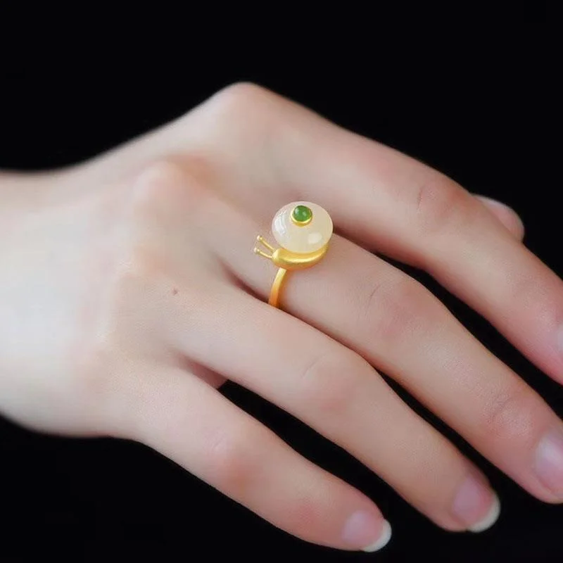 

Cute Jade Snail Ring Girls Party Accessories Personality Lady Silver 925 Sterling Ring Women Adjustable Index Finger Jewelry