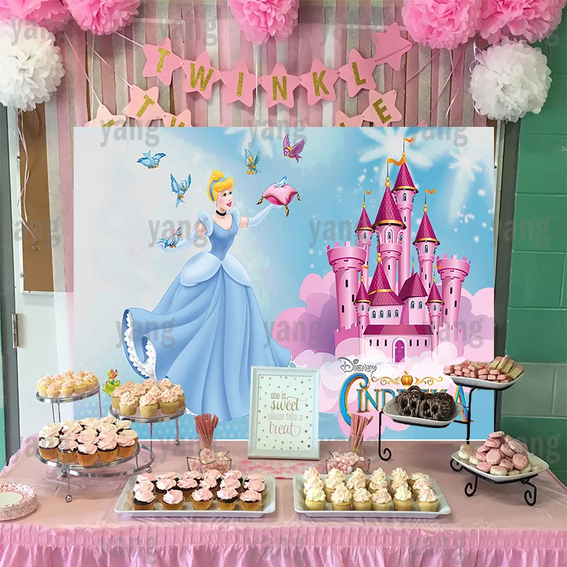Disney Butterflies Purple Castle Cinderella Princess Backdrop Background Decoration Happy Birthday Party Baby Shower Banner enlarge