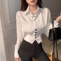 vintage elegant button solid chiffon shirt spring autumn 2022 new polo neck long batwing puff sleeve slim blouse womens clothes