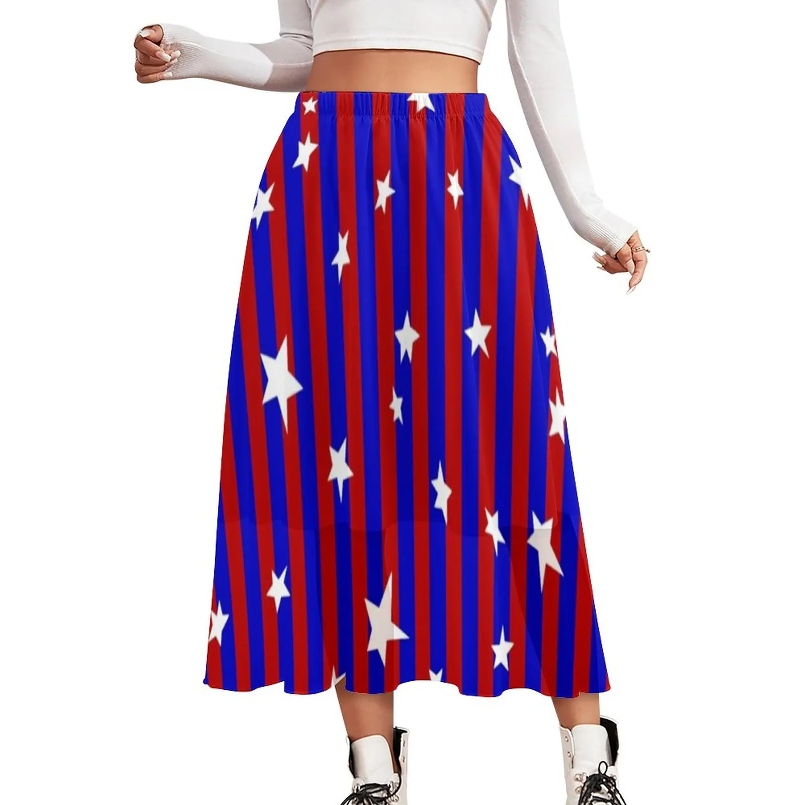 

Женская длинная юбка в полоску, сине-красная трапециевидная юбка с высокой талией и принтом звезд, уличная одежда больших размеров 3XL, 3XL