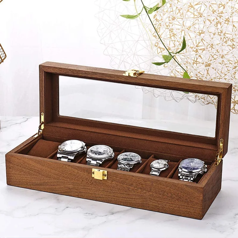 

New Stylish 6 Slots Walnut Color Vintage Wooden Watch Box Single Hand Opening Design Metal Hinges Stay Away Dust Scratches