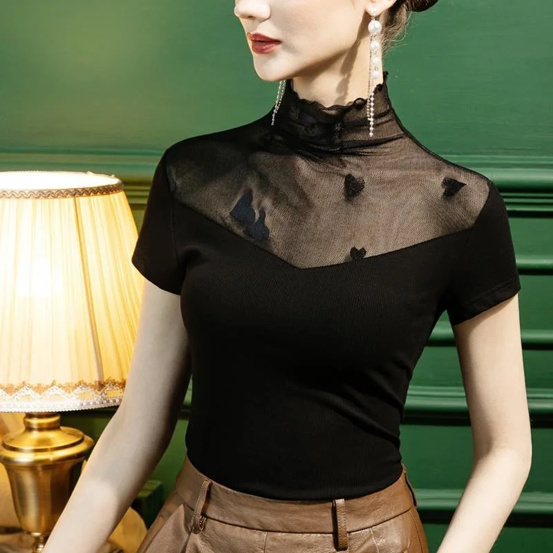 

#5116 Black High Collar Tshirts For Women Tight Skinny Sexy T Shirts Ladies Spring Short Sleeve Tee Shirt Female Cotton Mesh Tee