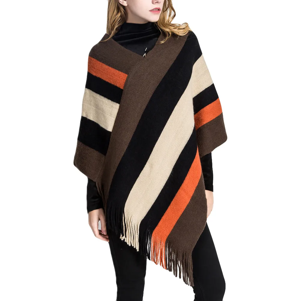 

Fashion Stripe Shawl Splicing Wrap Women Pattern Blanket Coat Women's Coat