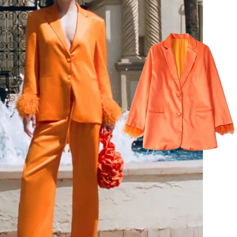 TRAF ZA&ree Satin Blazer Women  Fashion Feather Sleeve Top Female  Elegant Party Female Blazer Chic Pocket Orange Woman Jacket