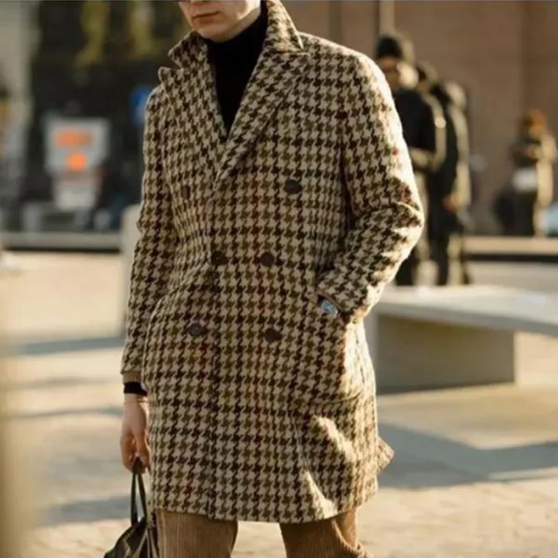 

Retro Plaid Print Long Jacket Winter Fashion Office Pockets Long Sleeve Wool Overcoat Fall Long Sleeve Lapel Button Men Coat