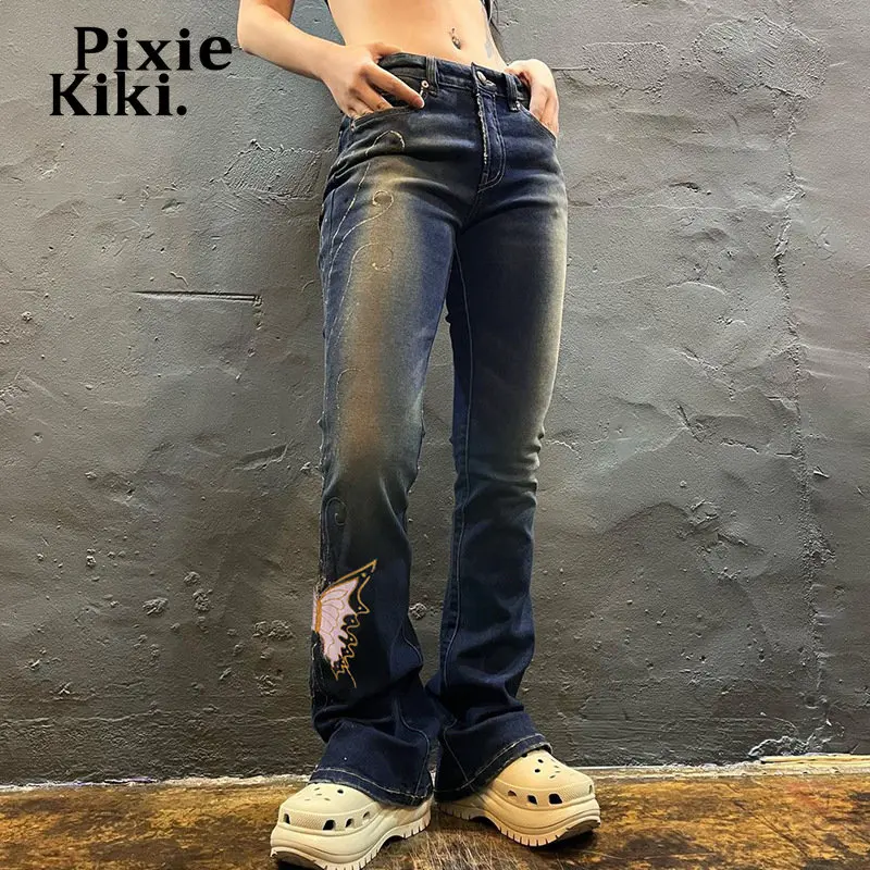 

Узкие расклешенные джинсы PixieKiki с принтом бабочки, Y2k, уличная одежда, графические джинсовые брюки с высокой талией, синие джинсы, женская од...