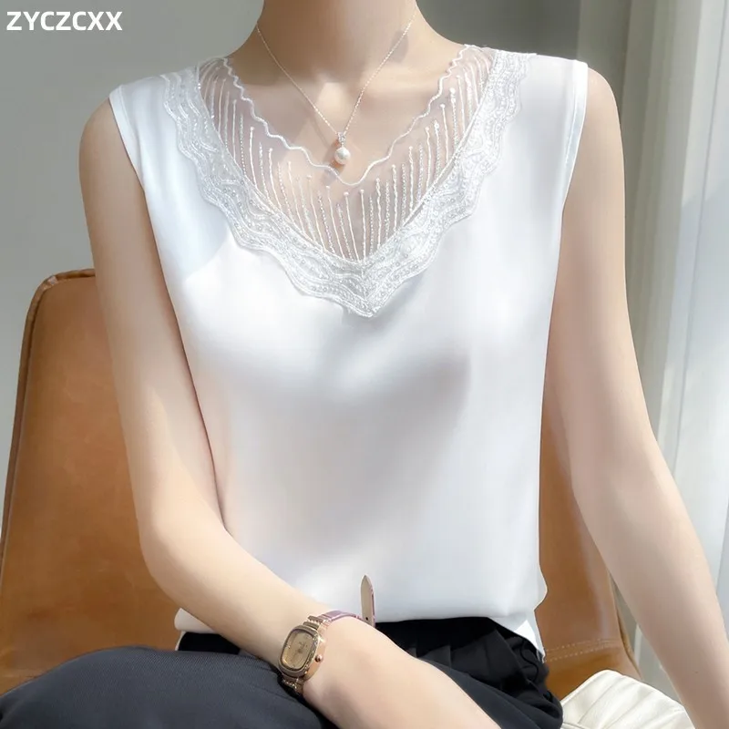 

Real Silk Female V-neck White Suspender Fashion Cool Vest Summer Satin Spring And Autumn Office Suit Black Inner Match..