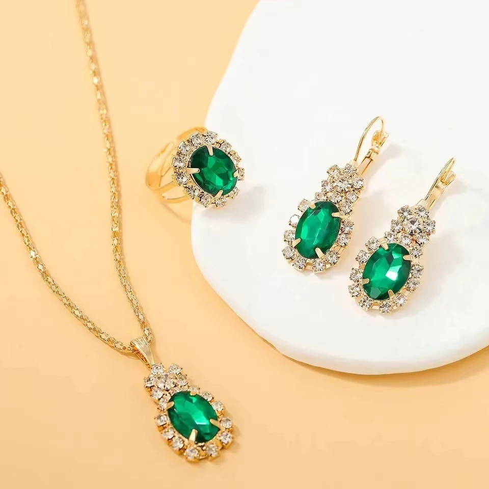 Элегантный Комплект Ювелирных Изделий Из 3 Предметов В Форме Зеленой Капли С