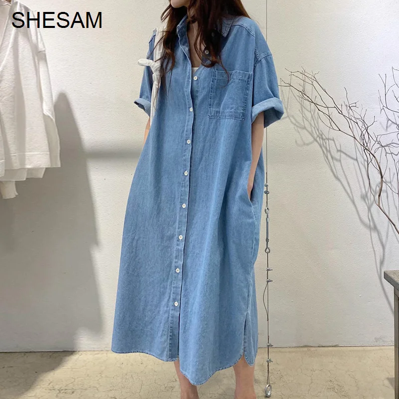 

Ladies Over Knee Denim Dresses Korean Style Fashion Summer Dress 2022 Lapel Casual Loose Robe Pocket Design Dress