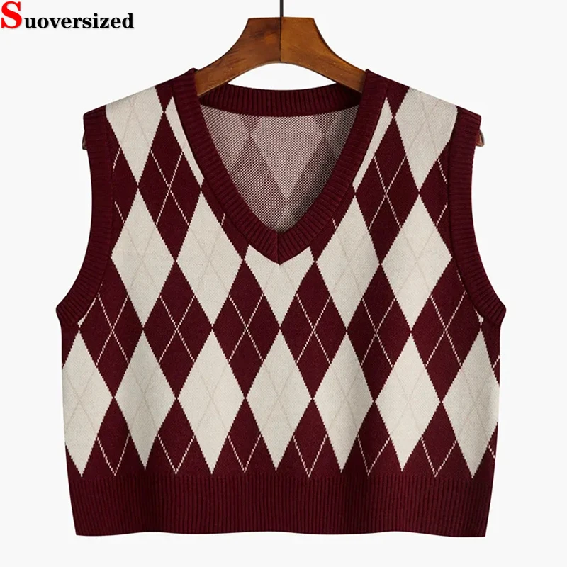 

Women Spring Fall V Neck Sleeveless Sweaters Korean Casual Knitwears Loose Fashion Short Waistcoat Black Plaid Cropped Vest