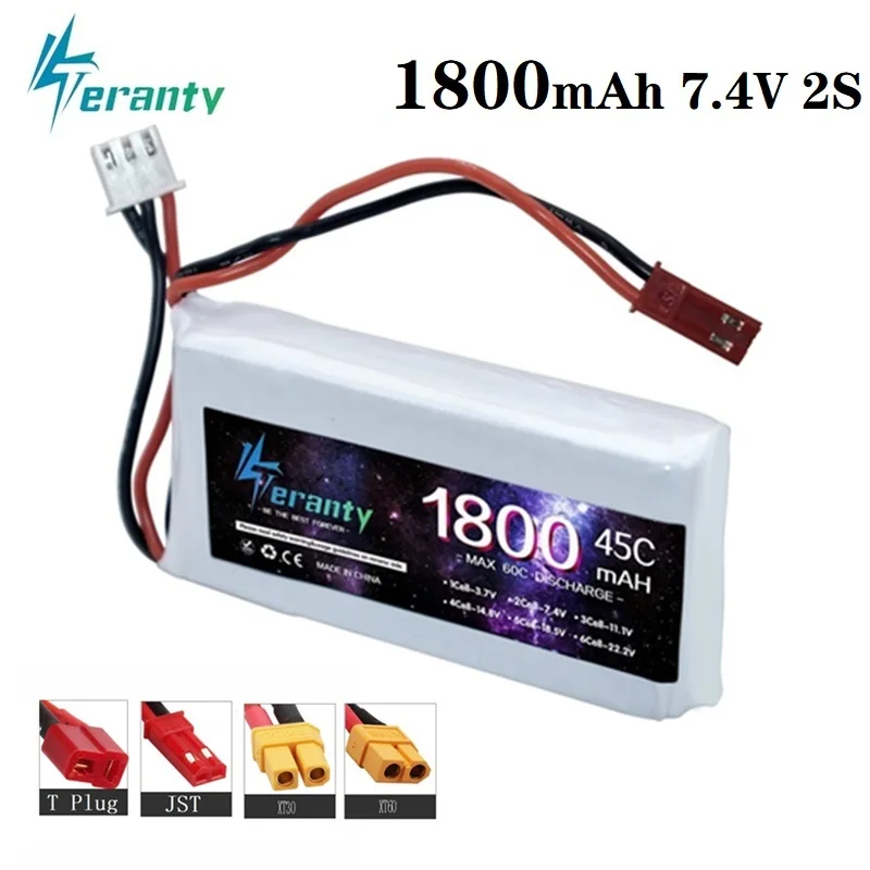 LiPo Battery 7.4v 1800mAh 45C For RC Quadcopter Helicopter Car Boat Drones Spare Parts With T/JST/XT30/XT60 Plug 2S 7.4V Battery